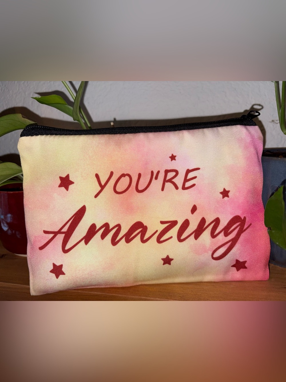 Makeup Pouch - You're Amazing Pink & Yellow Canvas Cosmetic Bag